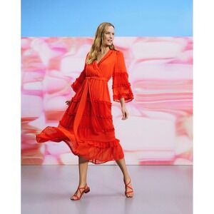 M14 Alexis for Target Red Ruffle Swiss Dot Midi Dress Bell Sleeve Womens XS